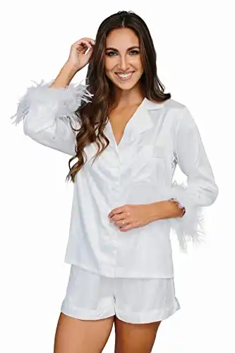 Belle's Design Feather Bridal Pajamas - Satin Silk Shorts and Long Sleeve Feather Trim, Wedding, Bachelorette Party Sleepwear, White/Large