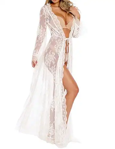 BUTTZO Women Sexy Long Lace Dress Sheer Gown See Through Lingerie Kimono Robe (White, One Size)