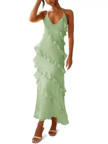 Wenrine Womens Sexy Chiffon Halter Maxi Dress Sleeveless Backless Ruffle Tassel Party Club Dresses Light Green