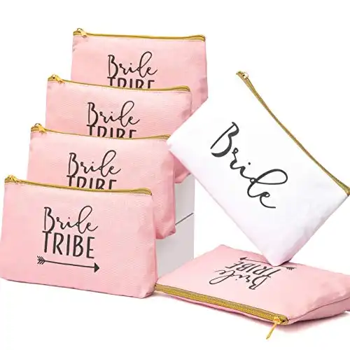 Heather & Willow 6 Piece Set | Rose Gold Bride Tribe Canvas Cosmetic Makeup Clutch Gifts Bag for Bridesmaid Proposal Box & Bridesmaids Bachelorette Party Favors