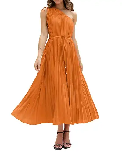 BTFBM Women's Drawstring One Shoulder Maxi Dresses Summer Sleeveless Tie Waist Pleated Long Flowy Party Cocktail Dress(Solid Orange, Medium)