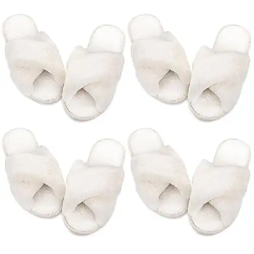 Newcotte 4 Pairs Women's Cross Band Fuzzy Slippers Plush Furry House Slippers Bridesmaid Slippers Breathable Comfy Soft Warm Cozy Open Toe Fluffy Slippers for Indoor Outdoor Wedding (White,7-8)