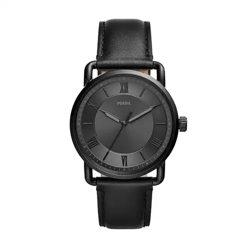 Fossil Men's Copeland Quartz Stainless Steel and Leather Three-Hand Watch, Color: Black (Model: FS5665)