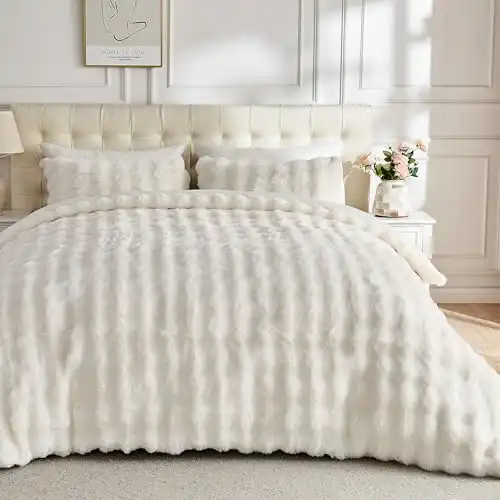 Lotus Karen Fluffy Comforter Cover Set-Rabbit Fluff Faux Fur Duvet Cover Full Size,Cream White Plush Fuzzy Furry Bedding Sets 3Pieces(1 Duvet Cover & 2 Pillow Shams),Zipper Closure