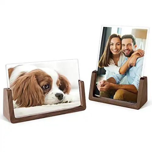 Mixoo 4x6 Wood Photo Picture Frame 2 Pack - Rustic Wooden Picture Frame with Walnut Wood Base and High Definition Break Free Acrylic Covers for Tabletop or Desktop Display (Horizontal + Vertical)