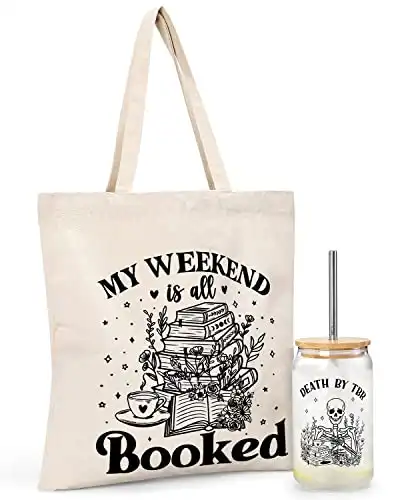 Tuitessine Bookish Gifts for Book Lover Readers Canvas Tote Bag Glass Cup Set Women Teacher Appreciation Gifts Family Birthday Presents