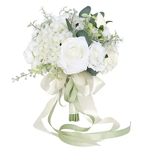 FEILUOYI Wedding Bridal Bouquet Bridesmaid Bouquet Artificial Wedding Bouquet White Rose, Church, Home Decor Gift