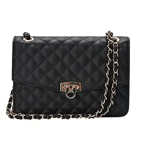 GM LIKKIE Quilted Shoulder Bag for Women, Medium Flap Crossbody Handbag with Chain Strap, Soft Vegan Leather Clutch Purse (Black)