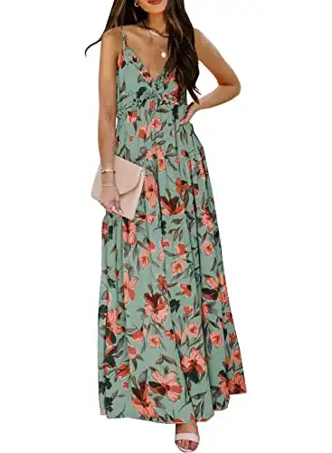 BLENCOT Women's Casual Boho Floral Printed Deep V Neck Loose Sleeveless Long Evening Dress Ruched Cocktail Party Maxi Wedding Dress Green X-Large