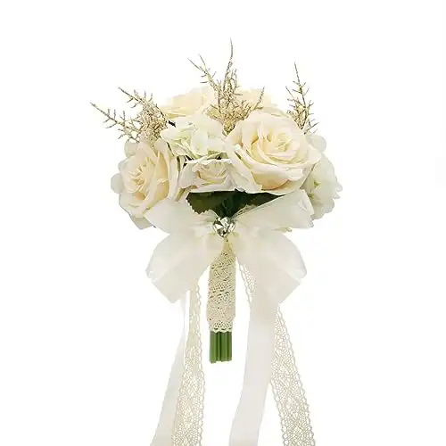 LEIFENY Wedding Bouquets for Bride, Champagne White Rose Bridal Bouquets for Bride, Artificial Flower Bouquet for Wedding, Bridesmaid Bouquets with Silk Ribbon, Valentine's Day, Home Decor