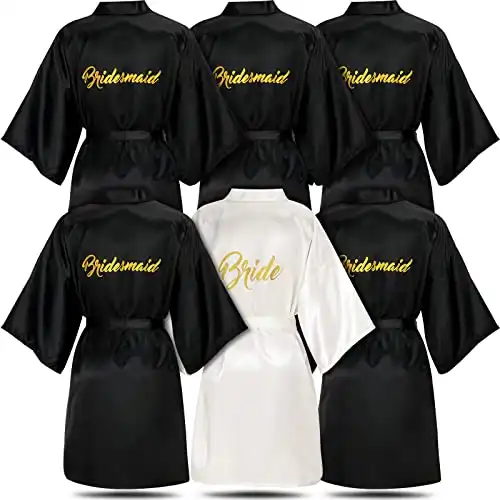 Janmercy 6 Pieces Bridesmaids Robes Set Bridal Robes for Wedding Matron of Honor Robe Maid of Honor Robe for Bridal Party Gifts (Black and White, Bride)