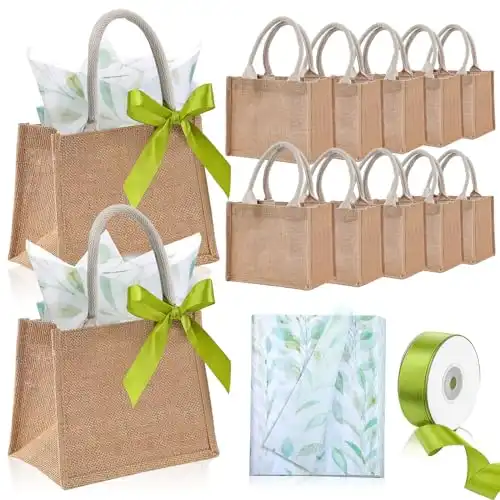 Shinylin 12 Pack Burlap Tote Bags with Handles, Mini Bachelorette Bags Reusable Jute Gift Bag with 50 Pcs Tissue Paper and Ribbon for Wedding Beach Party Gifts, 8.7 x 5.5 x 7 Inch(Eucalyptus,Green)