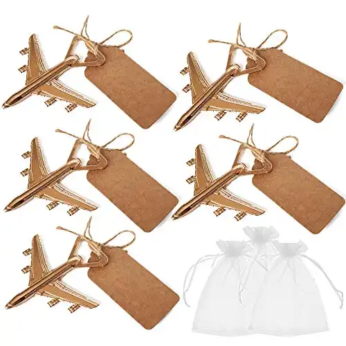 Amajoy Pack of 25 Airplane Bottle Opener with White Sheer Favor Bag Kraft Escort Card Wedding Favor Baby Shower Return Gifts Travel Theme Party Favor Let the Adventure Begin