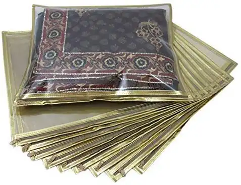 KANUSHI Set of 10 Pc Transparent Saree Covers/Saree Bags/Storage Bags/Clothes Covers with Stainless Steel Zip Lock Combo (Suitable for Single Saree Pack) (Golden)