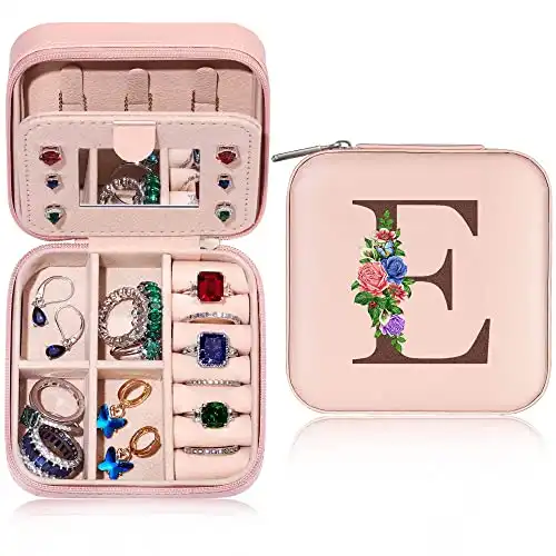 Yesteel Small Jewelry Case Jewelry Organizer Jewelry Box for Traveling, Wedding Gifts Engagement Gift Bridal Shower Gift Bridesmaid Proposal Gifts Matron Maid of Honor Proposal Gifts Initial E