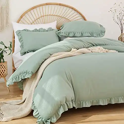 JANZAA Queen Comforter Set Sage Green 3PCS (1 Ruffled Comforter Set and 2 Pillowcases) Vintage Farmhouse Shabby Chic Bedding Soft Fluffy Comforter Set All Season