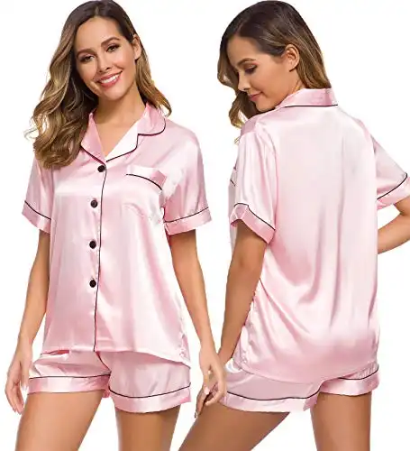 SWOMOG Womens Silk Satin Pajamas Short Sleeve Loungewear Two-Piece Sleepwear Button-Down Pj Set Pink