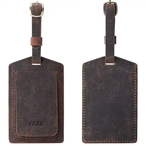 S-ZONE Leather Luggage Baggage Tags ID Label for Suitcases Backpack 2 Pieces Set (Dark Brown)