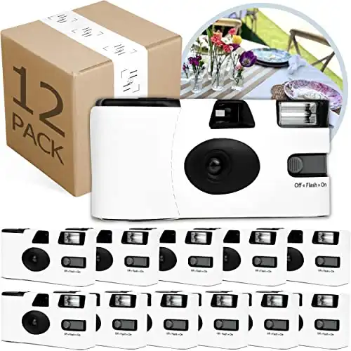 Disposable Cameras Bulk (12 Pack) White Single Use Camera Set: Perfect for Weddings, Baby Showers, Birthday Parties & All Events 35mm ISO 400 Film, 27 Exposures, Bright Flash, Easy-to-Use, Vintage