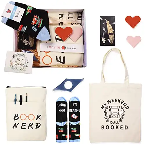 LESEN Book Lovers Gifts for Women - Ideal Reader Gifts Box Basket for Librarian or Best Friend - Includes a Tote Bag,Book Sleeve,Socks,Bookmarks