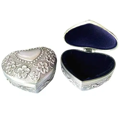 TANG SONG 2 Packs Small Metal Heart Shape Jewelry Box Classic Vintage Antique Ring Box Trinket Storage Organizer Chest (Silver)