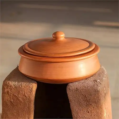 Swadeshi Blessings HandMade Exclusive Range Unglazed Clay Handi/Earthen Kadai/Clay Pot For Cooking & Serving with Lid, 2.8Liters (With Natural White Firing Shade & Mirror Shine) (Red)