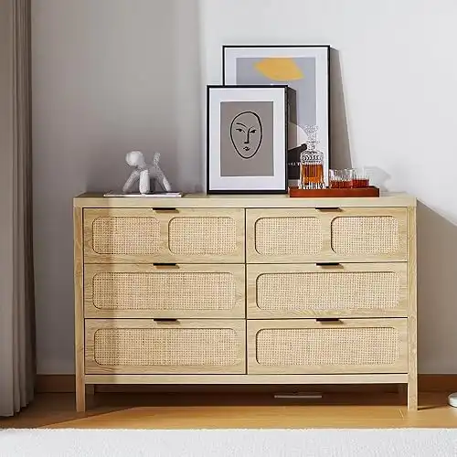 LEVNARY Dresser for Bedroom with 6 Drawers, Wide Bedroom Dresser Drawer Organizer, Rattan Chest of Drawers for Bedroom, Living Room, Hallway, Closet, Nursery (Natural Oak)