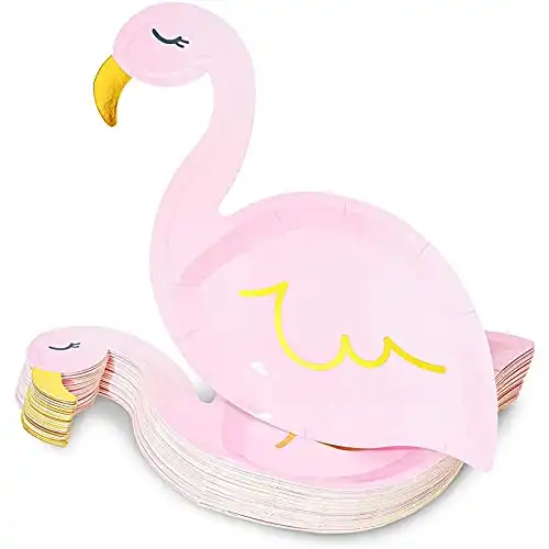 BLUE PANDA Pink Flamingo Party Paper Plates with Gold Foil (9 x 11.45 Inches, 48 Pack)