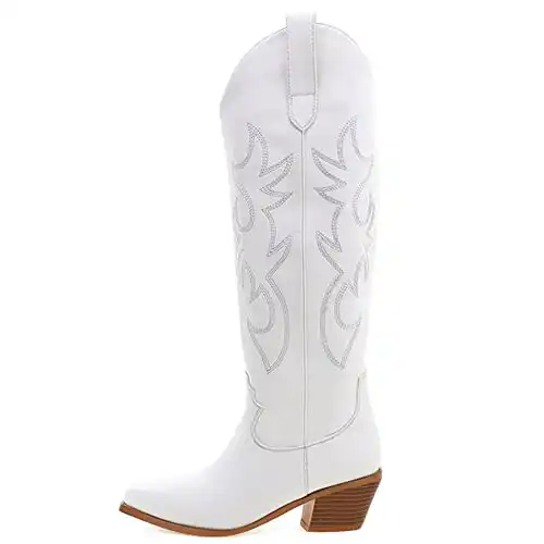 Erocalli White Cowgirl Boot Cowboy Boots for Women Embroidered Pull-On Chunky Stacked Heel Knee High Western Boots