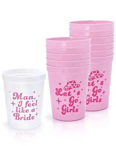 Nefelibata Bachelorette Party Cups - 12 Pack Let's Go Girls Reusable Cups Plastic Cowgirl Bridal Shower 70s Theme Retro Bachelorette Party Supplies Favors Decorations (White and Pink, 16 oz)