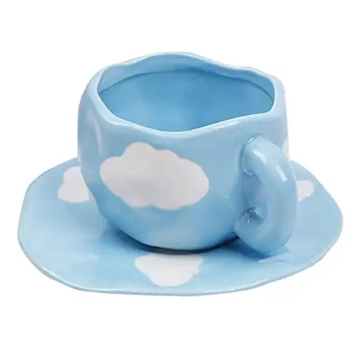 Koythin Ceramic Coffee Mug with Saucer Set, Cute Cloud Coffee Mug and Cup for Office and Home, Blue Sky and White Clouds Cups, 10 oz/300 ml for Latte Tea Milk