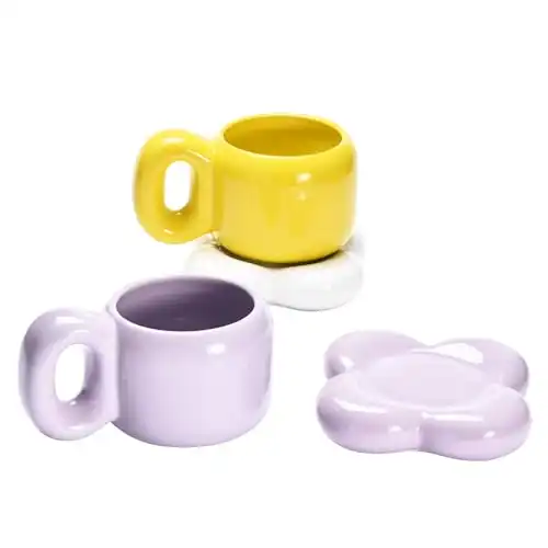 WHOLE HOUSEWARES | 2 Ceramic Coffee Mug - Aesthetic Chubby Cloud Mug - Trendy Cups with Unique Shape - Dishwashe-safe - Compatible For Coffee Or Tea - For Home and Office Use (Purple & Yellow)