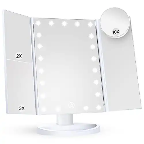 Makeup Mirror Vanity Mirror with Lights, 2X 3X 10X Magnification, Lighted Makeup Mirror, Touch Control, Trifold Makeup Mirror, Dual Power Supply, Portable LED Makeup Mirror, Women Gift (White)