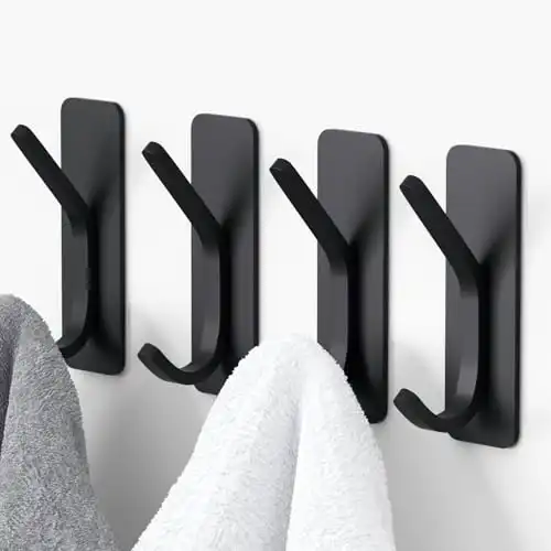 GWAAZXGZ Heavy Duty Adhesive Towel Hooks - Max 18 Lbs Weight Capacity, Black Adhesive Hooks Stick on Wall for Hanging Towel, Robe, Self Adhesive Dual Hooks for Bathroom, Kitchen, 4 Pack