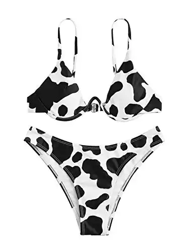 SweatyRocks Women's Sexy Bathing Suits Spaghetti Strap Cow Print Bikini Set Underwire Swimsuit Cow Medium