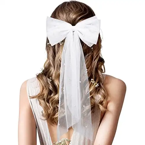 Juinte Bridal Hair Bow Veil Bachelorette Party Pearl Hair Clip Wedding Veil Bride Hair Accessories Bridesmaid Favors Large Hair Bow with Barrette Bachelorette Party Decorations(White,Pearl Bow)