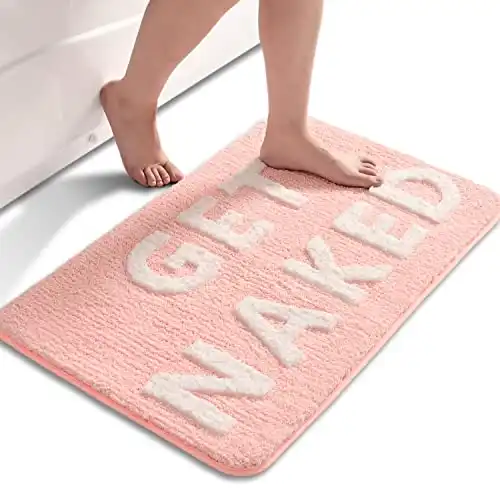 QJHOMO Get Naked Bath Mat Cute Pink and White Bathroom Rugs Funny Non Slip Bathtub Decor Mats Super Absorbent Floor Carpet Machine Washable Bahtmat for Tub, Shower, Bedroom (16x24 inch)