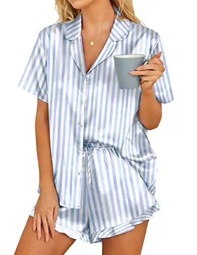 HOTOUCH Womens Satin Pajama Set With Short Sleeve Button-Down Comfy Pjs Loungewear, Blue Stripe, X-Large