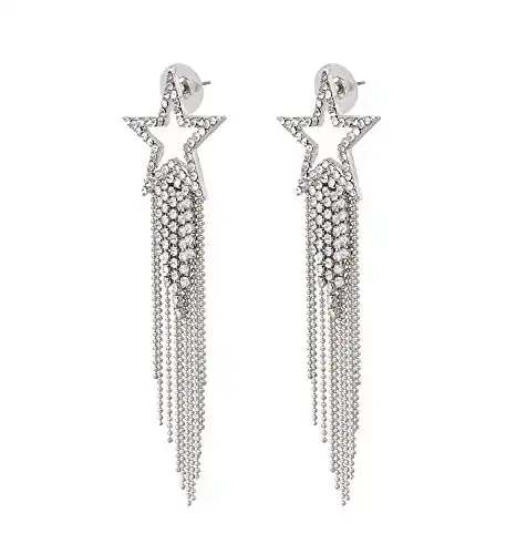 Women’s Tassel Earrings Star Ear Stud Pave Crystal Dangle Earrings Boho Waterfall Beaded Fringe Drop Earring (silver)