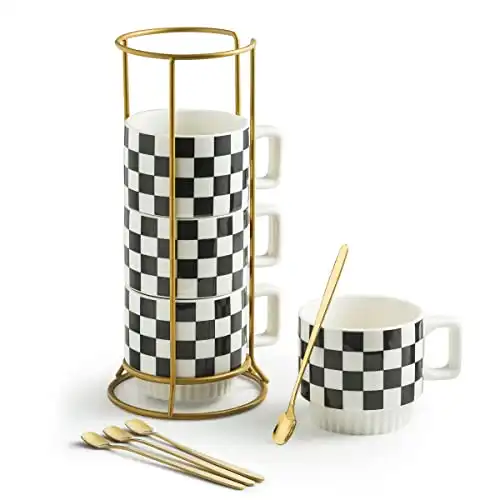 Miamolo Stackable Coffee Mug Set of 4 with Rack 11 oz Tea Cup Set with Little Spoon for Coffee Tea Cocoa Milk, Checkered Black and White Pattern Coffee Mug for Housewarming Gift