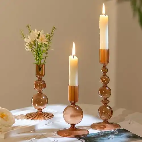 Hewory Glass Candlestick Holders Set: 3PCS Brown Candle Holder Taper Candle Holders Bulk, Crystal Ribbed Candle Sticks Holder Decor for Table Centerpiece Wedding Christmas Thanksgiving Dinner