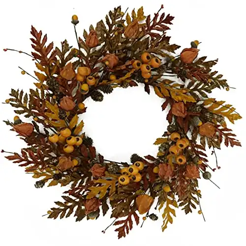 WreathDream 20 inch Fall Wreath Autumn Oak Leaves Wreath with Cape Gooseberry,Oak Leaf,Acorn,Berry,Pine Cone for Front Door Farmhouse Indoor Outdoor Festival Home Decor