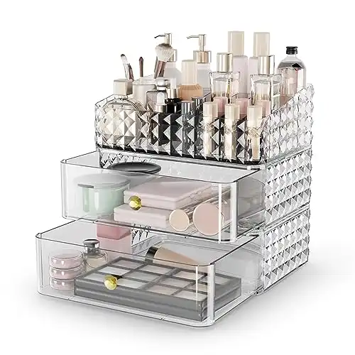 Rosoenvi Makeup Organizer for Vanity, Stackable Cosmetics Organizer and Storage, Cosmetic Display Cases with 2 Drawers and 1 Tray for Makeup Brush, Hair Accessories, Lipstick and Jewelry, Clear