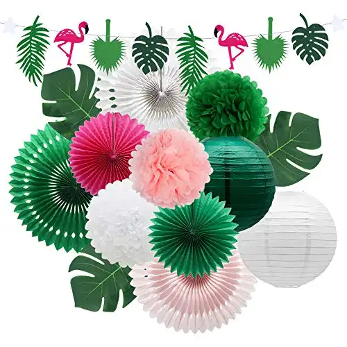 Meiduo Tropical Flamingo Palm Leaves Party Decorations with Paper Fans Paper Lanterns Pom Poms Flowers for Birthday Bridal & Baby Shower Bachelorette Hawaiian Beach Pool Summer (Green)