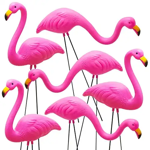 JOYIN Set of 6 Small Pink Flamingo Yard Ornament Stakes, Mini Lawn Plastic Flamingo Statue with Metal Legs for Sidewalks, Outdoor Garden, Luau Party, Tropical Party Decor, 2 Styles