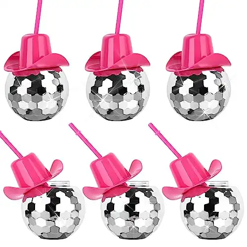 6 PCS Disco Ball Cups Pink Cowgirl Hat Mirror Party Cup with Straws Silver 70s Cocktail Cup Sparkling Tumbler Wine Glass for 1970s Bar Dance Cowboy Bachelorette Party Decorations Supplies