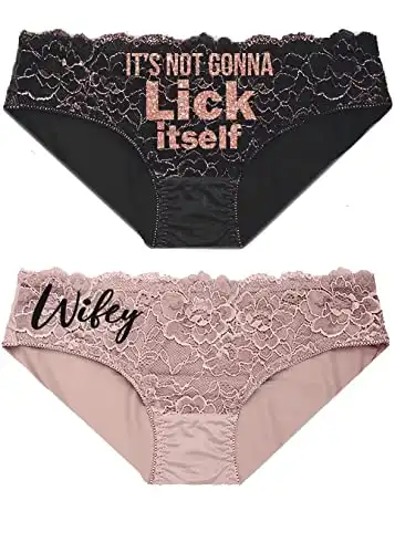 Funny Panty Sayings - SET OF 2: Rose Gold Sparkle Lick Itself Black Lace Front & Black Sparkle Wifey Light Taupe Lace Front Bikini Panty - Naughty Panties - Large - Bikini Set(RGLckBLK BLKWfyLTp)L...