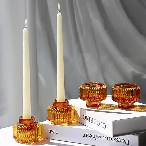 Woho Candlestick Holders Set of 4, Amber Votive Candle Holders for Fall Wedding Table Centerpiece, Ribbed Glass Taper Candle Holders for Dinner Party Halloween Thanksgiving Decor