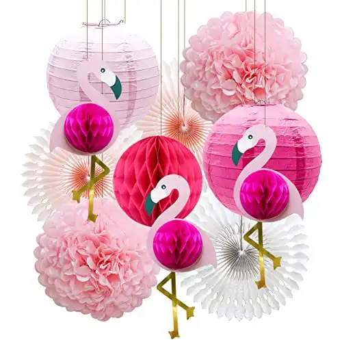 Tropical Pink Flamingo Party Decorations, Pom Poms Honeycomb Balls Paper Flowers Tissue Paper Fan Paper Lanterns for Birthday Hawaiian Luau Summer Beach Bachelorette Party