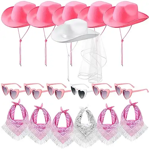 6 Sets Cowgirl Bachelorette Party Decorations Bulk Bride Cowboy Hat Rhinestone Bandana Heart Glasses for Last Disco (Elegant Style,White, Pink)